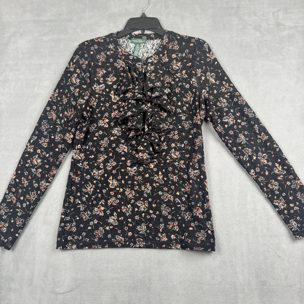 Lauren Ralph Lauren Floral Lace Mesh Ruffle Front Top Black Long Sleeve Medium